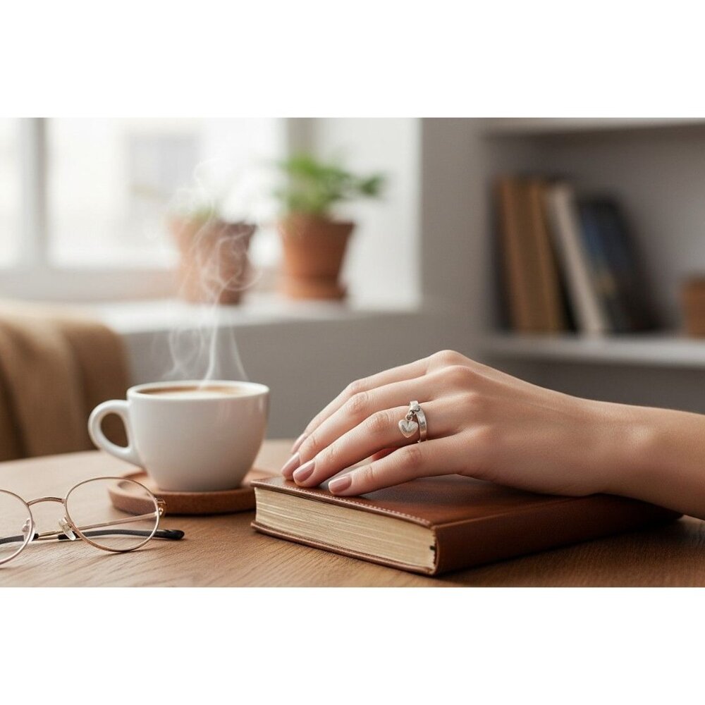 Sterling Silver Heart Ring with Dangling Charm, Size 6.5, Cute Minimalist Jewelr